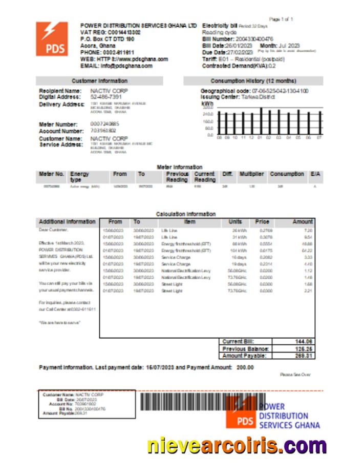 PDS Ghana Limited electricity utility business bill